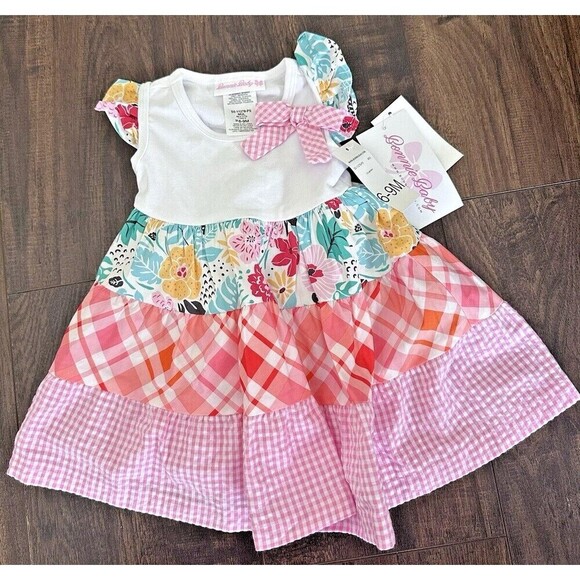 Bonnie Jean Girls Dress Flutter Sleeve Knit Mixed Tiered Poplin Multi 6-9 Months - Picture 1 of 9